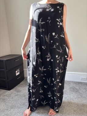 Vintage Y2K Black Slip Silk Floral Maxi Dress Romantic Fairy Whimsy Dress Medium